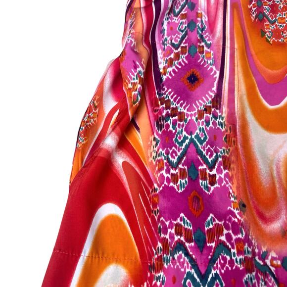 Natori Satin V-Neck Caftan Long Gown Loungewear Pink Orange Abstract Sz Medium - Picture 6 of 8